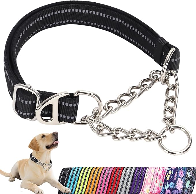 Martingale Dog Collar with Soft Padded - Reflective Choke Chain Collar, Heavy Duty Dual D-Rings no Pull Dog colla for Large/Medium/XL,XXL Dogs - Comfort Training Collar(Black M)