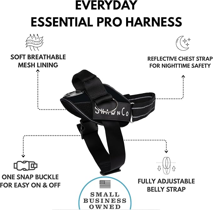 ShawnCo Essential Pro Dog Harness, No-Pull Pet Vest with 3 Leash Clips and Removable, Reflective Side Patches, Adjustable and Padded Harness for Small, Medium and Large Dogs (Midnight, S)