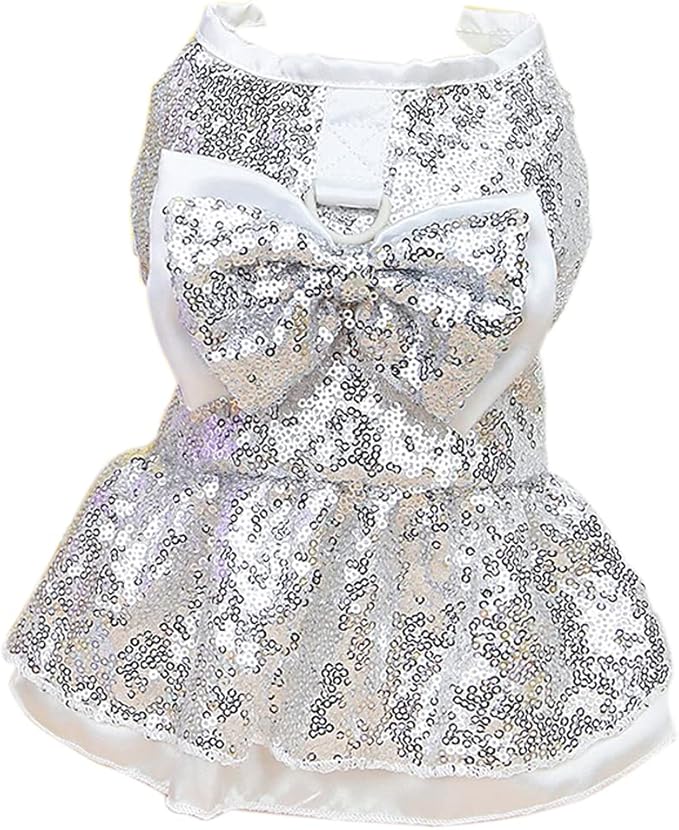 Tangpan Sequins Bow-Knot Pet Dance Dress Dog Christmas Party Dress (Silver, XS)