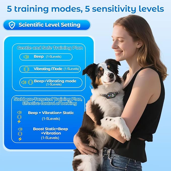 Bark Collar for Small Medium Large Dogs, Rechargeable Smart Dog Bark Collar, Anti Barking Training Collar with 5 Adjustable Sensitivity,Bark Shock Collar with Beep Vibration (Silver)