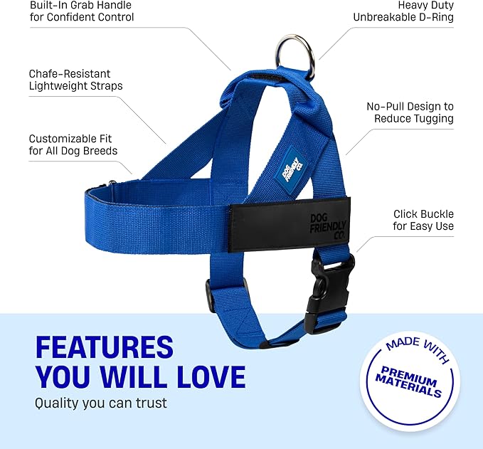 DF Co. Dog Harness | Chafe Resistant Webbing, Adjustable Neck & Chest, and Heavy Duty D-Ring | Sturdy, Comfortable, Easy to Use | Classic Blue, Size XL