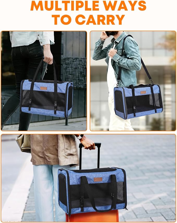 Large Cat Dog Carrier for Pet Up to 20 Lb - 20×13×13 in, Top & Side Entry, Foldable, Soft-Sided Pet Carrier with Ventilated Anti-Scratch Mesh & Car Seat Buckle for Car, Travel and Vet - Blue