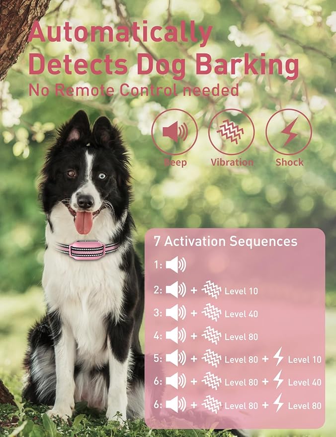 2-in-1 Bark and Shock Collar for Dogs, Smart Anti Barking Dog Training Collar with 5 Adjustable Sensitivity, Automatic Bark Collar with Remote, Vibration, Beep, Shock and Automatic (Pink)