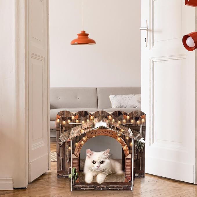 2 Story Cardboard Cat House with Scratcher Pad for Small Kitten,17x12x10 Multi Level Durable Cat Condo & Villa for Bunny Rabbit Small Animals Christmas Birthday Gift(17x12x10,Western)