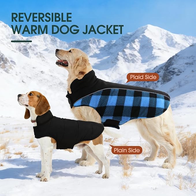Kuoser Dog Winter Coat, Reversible Waterproof Dog Jacket with Reflective Strip, Warm Dogs Fleece Vest Adjustable Doggy Cold Weather Clothes Plaid Christmas Outfit Pet Apparel for Large Dogs, Blue XL