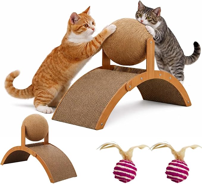 Cat Scratching Ball on Stand, Solid Wood Slanted Cat Scratching Board Design, 2-in-1 Interactive Cat Scratcher Toy with Arch Bridge and 360° Rotating Natural Sisal Ball for Indoor Cat Kittens (M)