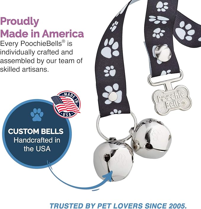 PoochieBells Dog Doorbell, Dog Potty Training Bells, Dog Safe USA-Made w/Perfect Sound,Dog Trainer Approved, Housetraining Made Easy & Quick, Sig Tracks Black