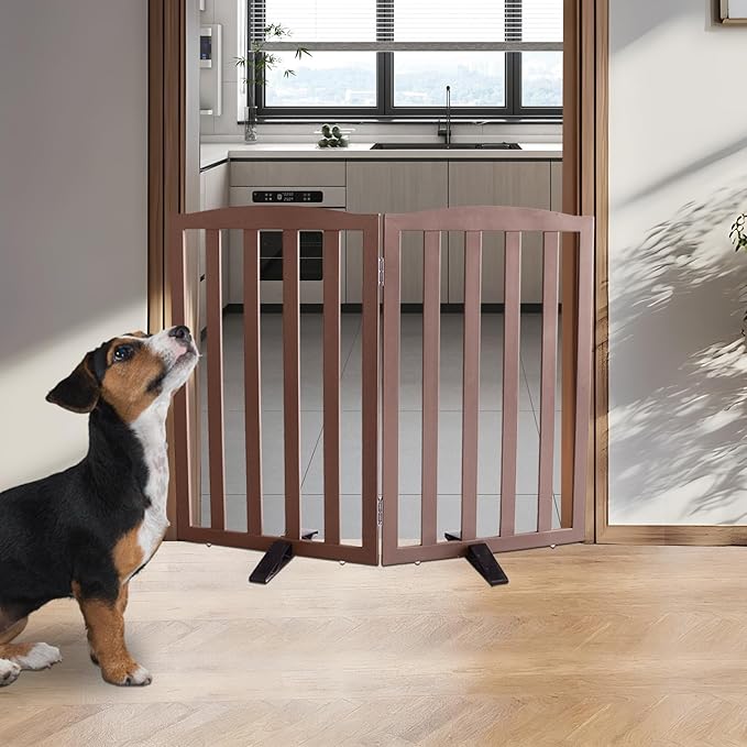 Freestanding Dog Gate Indoor,Doggie Gate Foldable Pet Gates for Doorways,Stairs or Hallways, Wooden Brown Pet Gate for the House, Pet Fence with Support Feet Included,32 "Height-2 Panels