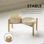 Ceramic 1.2 Cup Raised Slow Feeder Dog Bowl Set, Elevated 6.1inch Bowl and 7.3inch Puzzle Slow Food Dish with Wooden Stand for Medium and Small Dog, Anti-Gulping (2 xLight Yellow+ Stand)