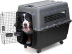SportPet Airline Compliant X-LARGE 32.25" Travel Dog Kennel-Durable Plastic Airline Pet Carrier w/Removable Wheels & Food Bowls, Collapsible Indoor/Outdoor Dog Kennel, Dogs up to 32"L & 23"H-Dark Gray