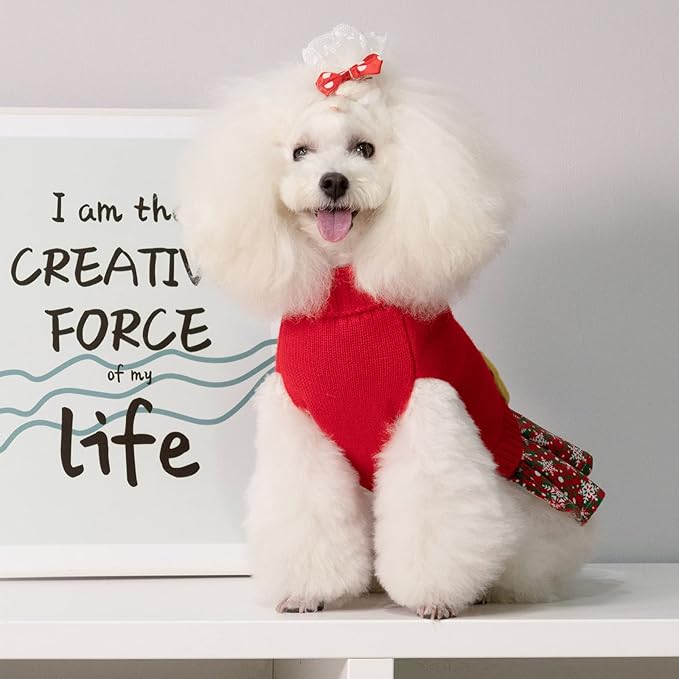 CuteBone Christmas Dog Sweater Dress Turtleneck Puppy Sweater with Bowtie Harness Hole Pullover Winter Dress for Medium Dogs