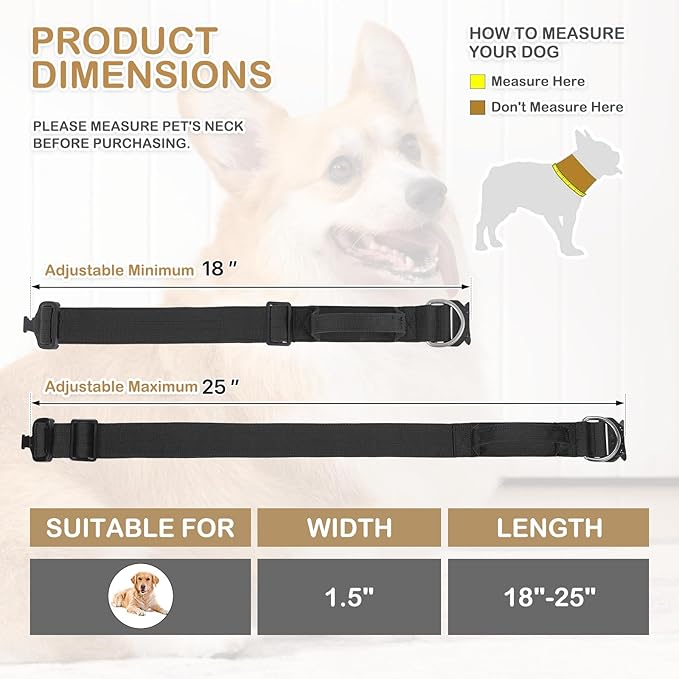 MoNiBloom Tactical Dog Collar with Handle, 1.5 Inch Wide Heavy Duty Military Collar for Medium Large Dog Walking, Training, Running, Black