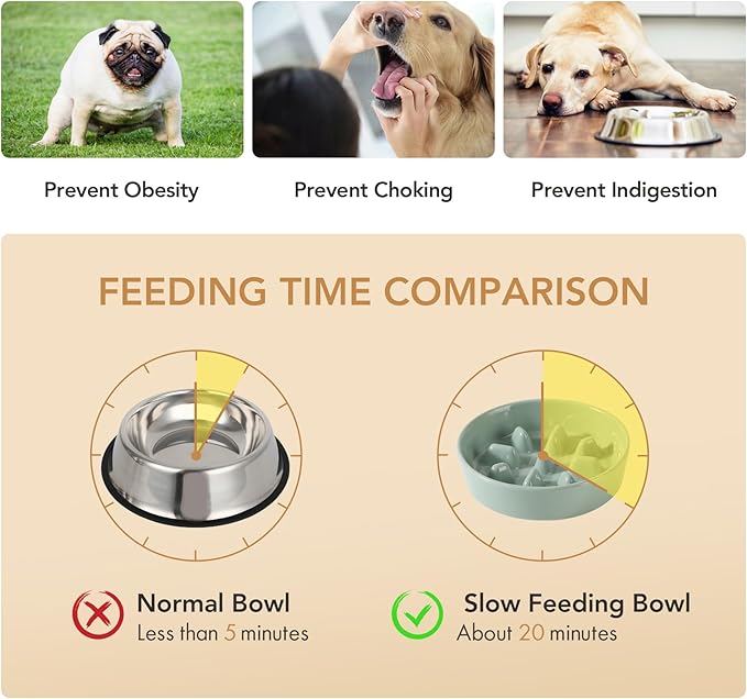 Ceramic 1.2 Cup Dog Bowl Slow Feeder, 7.3 inch Slow Pet Food Dish for Medium and Small Dog, Stop Bloat, Preventing Choking(Single Bowl, Light Green)