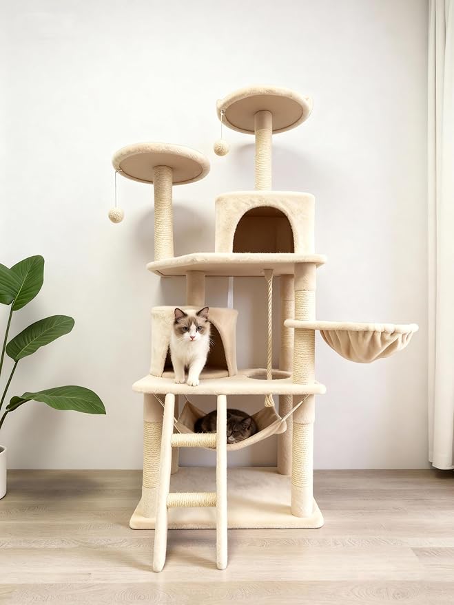 Cat Tree 60.63 inches Cat Tower for Indoor Cats, Multi-Level Cat Condo Furniture with Scratching Posts, Plush Perches, Activity Center with Cozy Basket & Hammock for Cats(Beige)