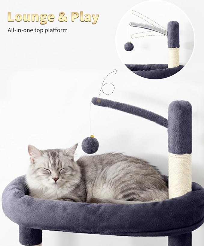 Heavy Duty Cat Tree for Indoor Cat, 74 Inch Cat Tower with Scratching Post, Hanging Basket, Cat Condo with Large Platform for Large Cats, PMT04DG, Dark Grey
