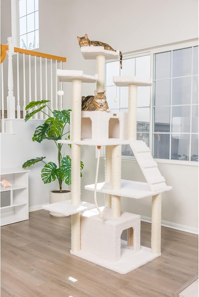 Armarkat B8201 Classic Real Wood Cat Tree in Ivory, Multi Levels with Ramp, Three Perches, Rope Swing, Two Condos