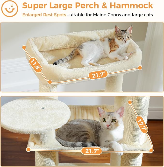 PETEPELA 58" Large Cat Tree for Big Adult Cats up to 30 lbs, Heavy Duty Cat Tower w/Extra-Thick Scratching Posts [φ3.9”], XL Hammock & Spacious Condo, Study Cat Furniture for Maine Coons, Beige