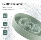 3.2 Cup Ceramic Raised Slow Feeder Dog Bowl Set, Elevated 8.2inch Bowl and 9.5inch Puzzle Slow Food Dish with Wooden Stand for Large Dog, Anti-Gulping (2 x Light Green+ Stand)