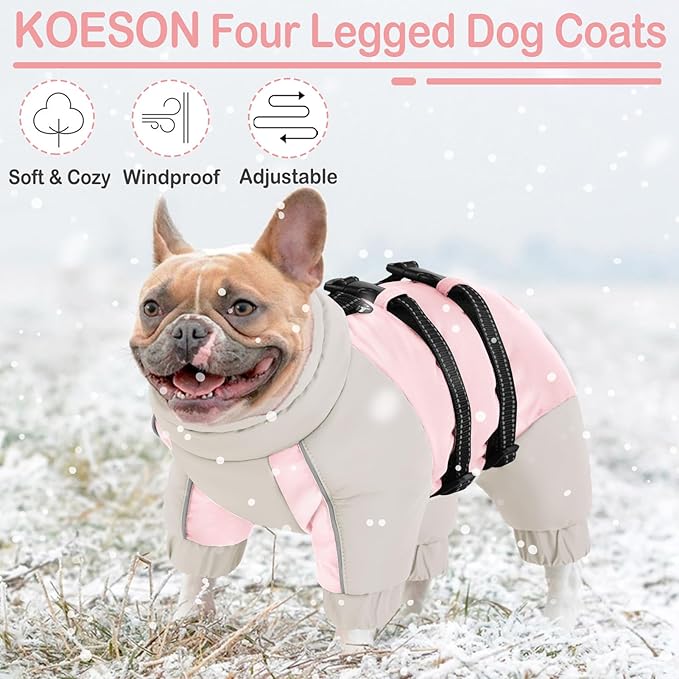 KOESON Four Legged Winter Coat, Warm Dog Jacket with Adjustable Buckles, Turtleneck Windproof Fleece Jackets, Reflective Fullbody Snowsuit Puffer Coat Pink Grey XL