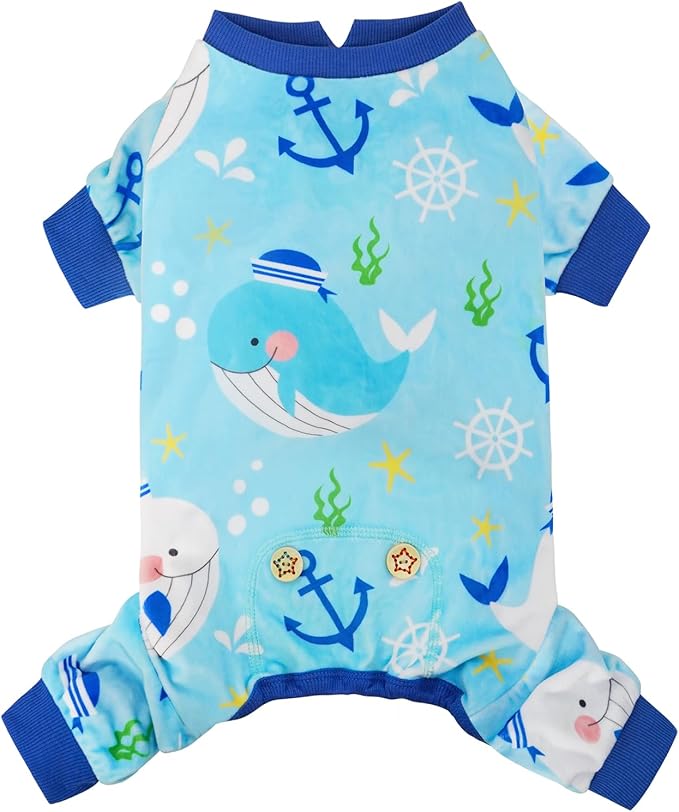 KYEESE Dog Pajamas Velvet Dog Pajamas Small Sized Dogs Soft Dogs Clothes Pet Coat Stretchy Doggie Pjs Pet Costume with Whale Pattern Comfy Doggie Jammies Onesie, Medium
