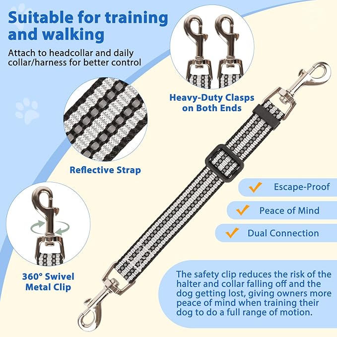 BARKLESS No Pull Dog Head Collar for Gentle Training Walking, Soft Padded Head Halter with Collar Safety Clip, Comfortable Fit Muzzle Leash with Reflective Strap for Medium Large Dog (Grey, M)