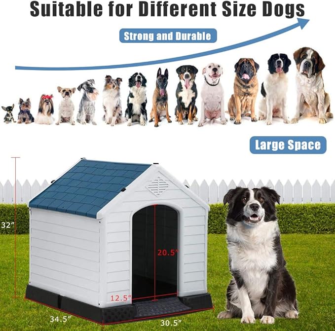 Dog House, Dog House for Small Medium Large Dogs, Waterproof Ventilate Plastic Durable Indoor Outdoor Pet Shelter Kennel with Air Vents and Elevated Floor, Easy to Assemble