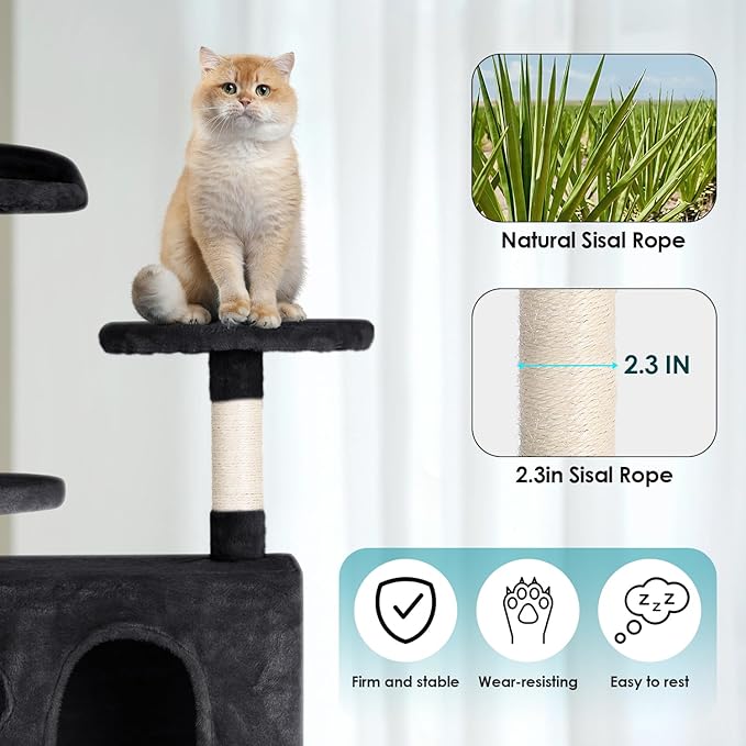 Cat Tree 53 inches Cat Tower for Indoor Cats Cat House with Replaceable and Removable Dangling Ball Cat Trees and Towers with Funny Toys, Dark Gray