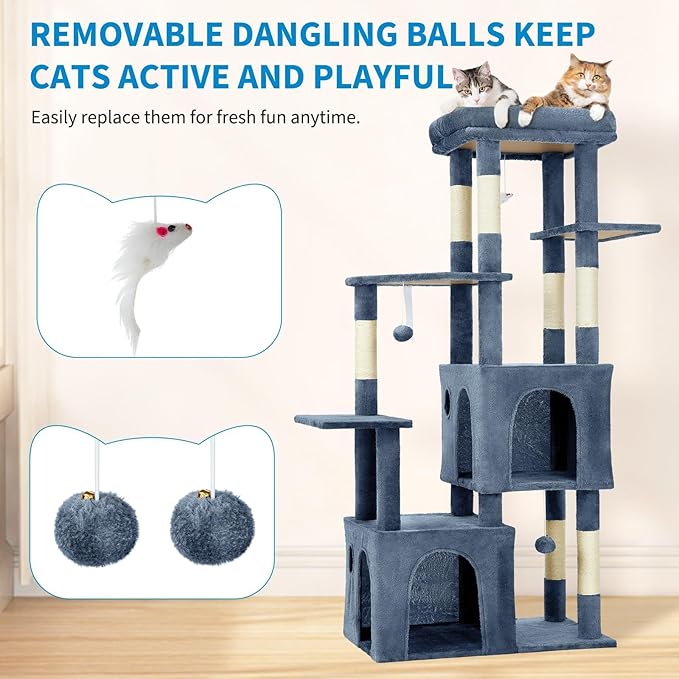 61" Large Cat Tree Tower for Indoor Cats, Heavy-Duty Multi-Level Cat Condo for Maine Coon & Big Cats with Extra-Large Perch, 2 Spacious Houses, Sisal Scratching Posts & Hanging Toys - Light Blue