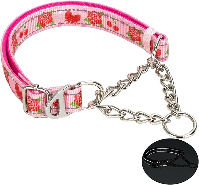 Rose Flower Martingale Dog Collar，Reflective No-Pull Adjustable Chain Collar for Medium,Large & XL Dogs (Large Rose)