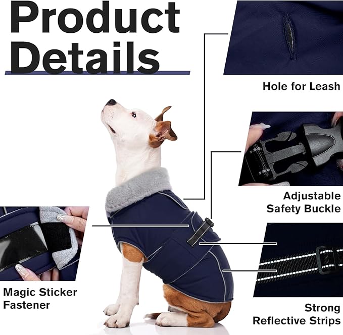 Lelepet Warm Dog Coat Waterproof Dog Jacket for Large Dogs Reflective Fleece Vest with Adjustable Buckle Hook & Loop Windproof Cold Weather Coats for Small Medium Large Dogs, Navy Blue, XL