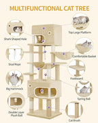 70.1 Inch Cat Tree for Indoor Cats, Multi-Layer Scratching Post with Large Platform, 2 Caves, 7 Sisal Posts, Pompoms, Cat Basket, Hammock, Suitable for Cats, Beige MS17818YL