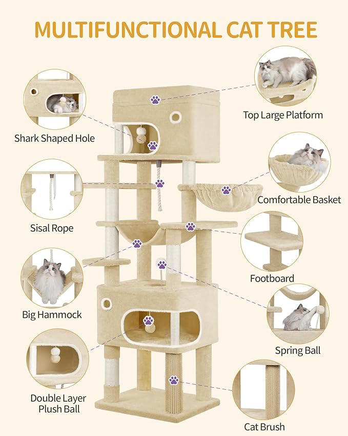 70.1 Inch Cat Tree for Indoor Cats, Multi-Layer Scratching Post with Large Platform, 2 Caves, 7 Sisal Posts, Pompoms, Cat Basket, Hammock, Suitable for Cats, Beige MS17818YL