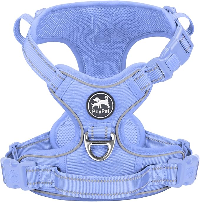 PoyPet No Pull Dog Harness, No Choke Reflective Dog Vest, Adjustable Pet Harnesses with Easy Control Padded Handle for Small Medium Large Dogs(Light Blue Matching Trim,XL)