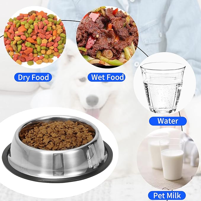 2 Pack Stainless Steel Dog Bowls with Rubber Bottom, Non Skid Non Spill Heavy Duty Premium Quality Pets Feeder Bowls for Dogs and Cats and More (6Cup / 48oz)