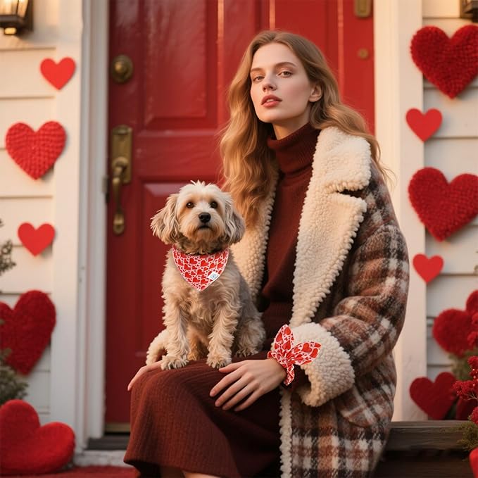 E-Clover Mother's Day Heart Dog Bandanas & Matching Scrunchie Set Cute Girl Dog Scarf Bibs Pet Bandana with Bow Tie for Small Dogs Puppy Owner Mom Red Pink