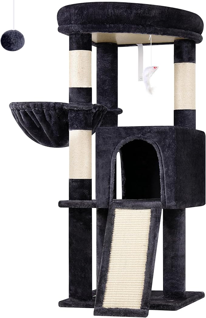 Globlazer 45" Cat Tree for 2-3 Medium Cats, Multi-Level Cat Tower with Scratching Board for Kittens and Senior Cats, Condo & Hammock Space Saving Cat Tower, F45, Dark Grey