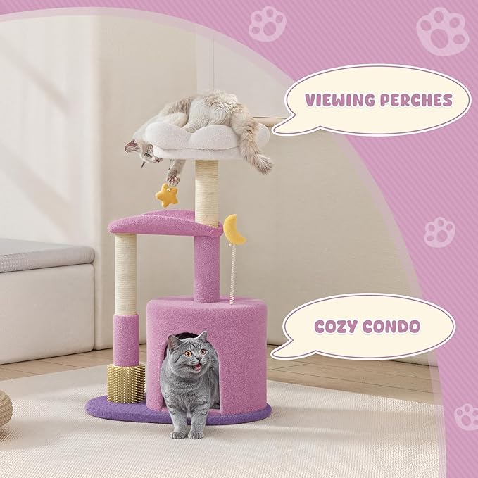 Magshion 33" Flower Cat Tree for Indoor Cats, Compact Cat Tower with Condo, Scratching Posts, Flower Perch & Dangling Toys for Kittens & Small Cats, Cute Cat Furniture Stand, Purple