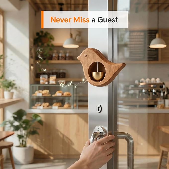 Bird Shape Shopkeepers Bell for Door Opening – Magnetic Wooden Door Chime & Brass Wind Bell for Business Entrance, Home Decor – Cute Bird Alert for Fridge, Porch, Barn Door No Battery