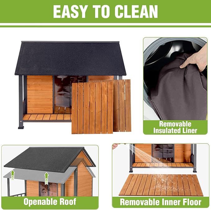 GUTINNEEN Extra Large Heated Dog House Outdoor Insulated Dog House XXL Weatherproof Chew-Proof Metal Frame Dog Kennel with Thermostat-Controlled Heating Pad, 6-Sided Thermal Liner for Large Dog Breeds