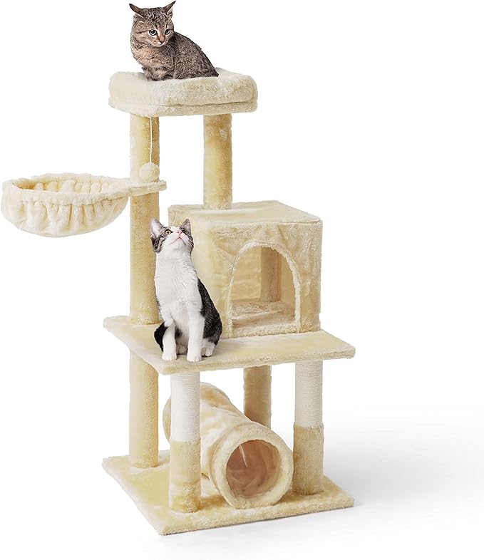 Tall Cat Tree for Indoor Large Cats or Kittens, Multi-Level Cat Activity Tree with Scratching Posts, Hammock, Cat Cave Condo, Modern Cute Small Cat Climbing Tower with Widened Perch