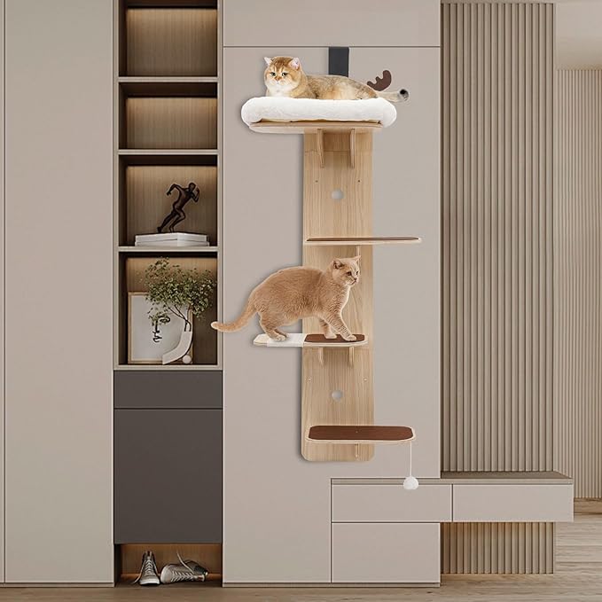 Door Hanging Cat Tree, 4 Tier Cat Tree Door Mounted Vertical Cat Climbing Scratching Frame Space-Saving Cats Shelf Multi Level Cats Ladder for Indoor 59" H X 9.8” W (with Cat Nest)