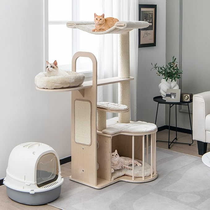 PETSITE 55" Tall Cat Tree, Multi-Layer Wooden Cat Tower with Hammock, Condo, Plush Perch, Self Groomer, Scratching Posts, Cat Climbing Stand Activity Center Furniture for Kitten & Adult Cats