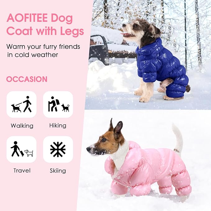 AOFITEE Dog Coat, Dog Winter Jacket, Fullbody Dogs Winter Coat Snowsuit, Waterproof Pet Puffer Jacket Snow Suit with Legs, Pet Fleece Vest, Cold Weather Coats for Small Dogs, Blue L