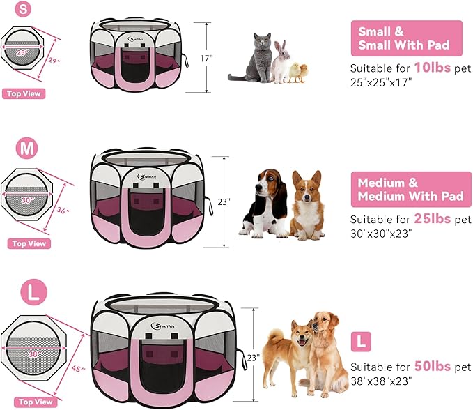 Dog Cat Playpen, Puppy Pet Playpen Indoor for Small Dog Crate Tent Cage Outdoor, Portable Pop Up Dogs Enclosure Kennel with Carrying Case for Dogs/Cats/Rabbits(Pink, Small with pad)