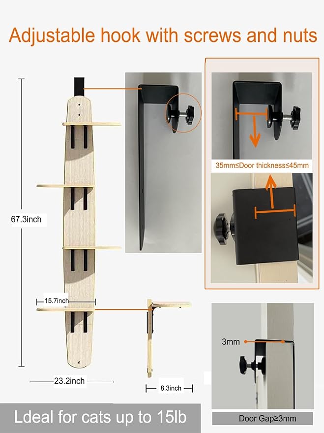 Door Hanging Cat Tree,Door Hanging Cat Shelf with Soft Mat,4-Levels Over The Door Cat Climber for Indoor Cats(Wooden-67.3" H X 23.2" L X 8.3" W)