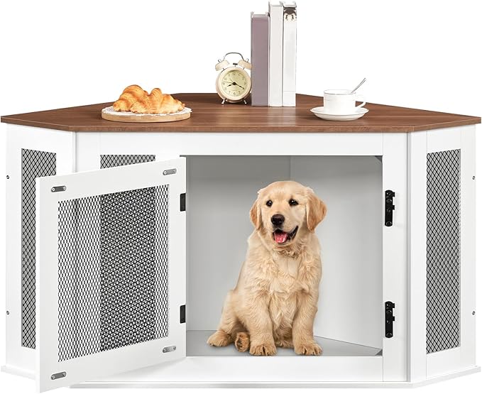 Corner Dog Crate Furniture, Wooden Dog Kennel End Table, Decorative Pet Crate Indoor Use, Furniture Style Dog House for Small Medium Dog, Dog Cage TV Stand, White and Walnut DCBA0801