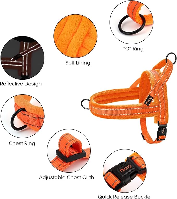 Didog Soft Flannel Padded Dog Vest Harness, No Pull/Quick Fit Reflective Dog Strap Harness, Easy for Training Walking (M:Chest 22-26", Orange)
