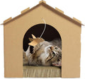 Furhaven Cardboard Cat House Gingerbread House, Cat Hideout Scratcher with Detachable Hanging Toys