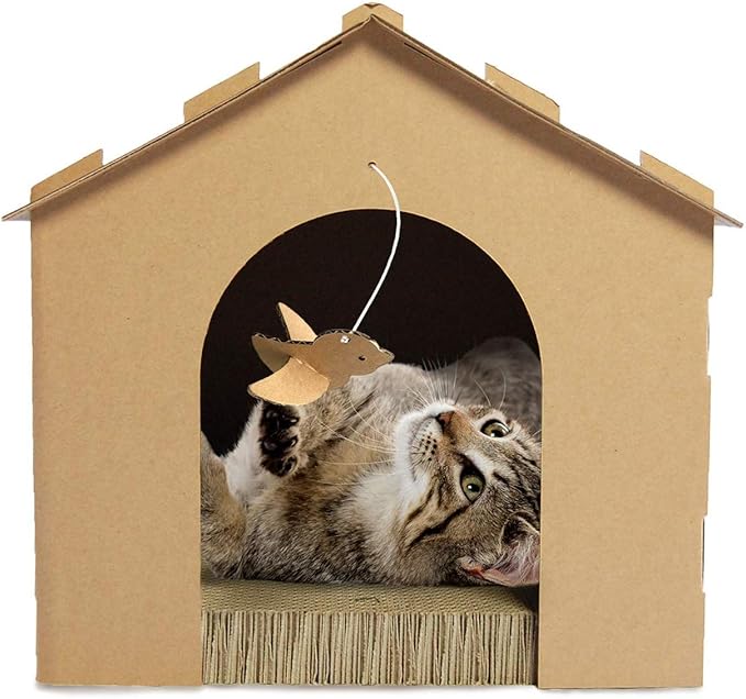 Furhaven Cardboard Cat House Gingerbread House, Cat Hideout Scratcher with Detachable Hanging Toys