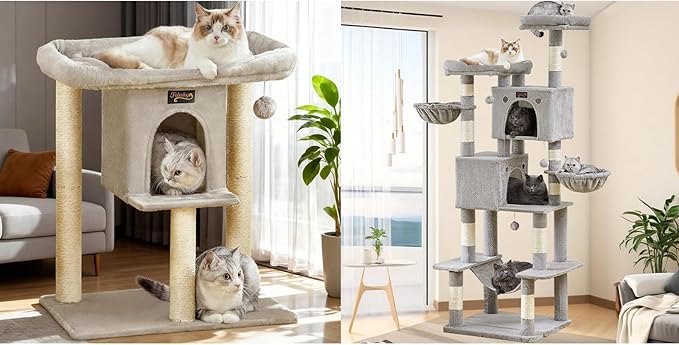 Cat Tree Tower for Indoor Large Cats, Cat Scratching Post with Big Perch Bed, Tall Trees House with Condo Cave, Toy Balls, Modern Climbing Furniture Big Platform for Kitten